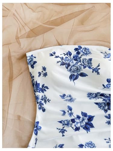 Women's Floral Print Tube Dress Ruched Drawstring Slit Hem Mini Dresses