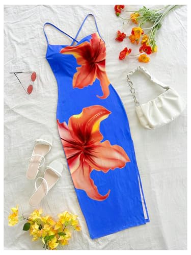 Women's Floral Print Split Thigh Bodycon Dress Criss Cross Skinny Long Cami Dresses