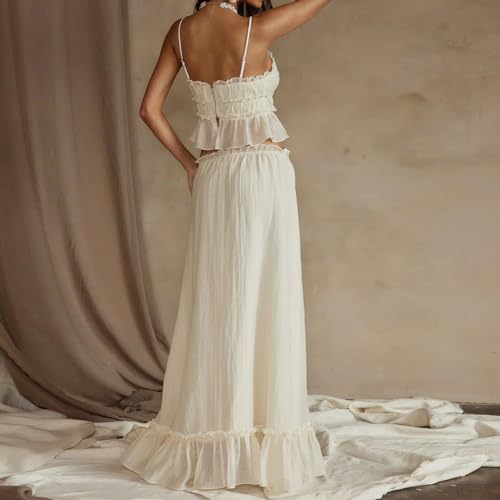 Women 2 Piece Outfits Y2k Sleeveless Lace Trim Cami Tops and Ruffle Ruched Maxi Skirt Matching Set