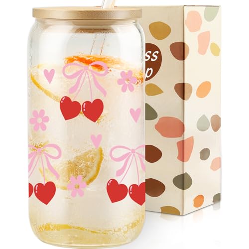 Cherry Bow Cup, Birthday Gifts for Women, Girly Gifts for Her, Sister, Mom, Colleague - 16 OZ Glass Tumbler with Straw & Lid, Coquette Iced Cup