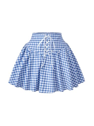Women's Plaid Gingham Mini Skirt Lace Up Shirred Flowy Cute Mini Skirts