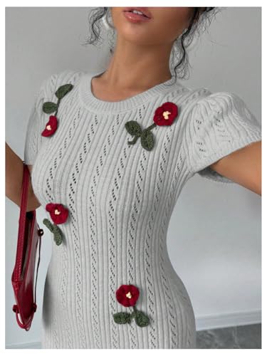 Women's 3D Flower Sweater Dress Crochet Short Sleeve Bodycon Mini Dresses