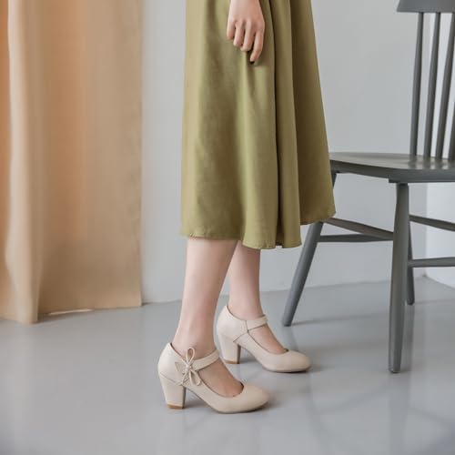 Women's Bow Mary Jane Dress Pumps Shoes Chunky Block High Heels Round Toe Shoes