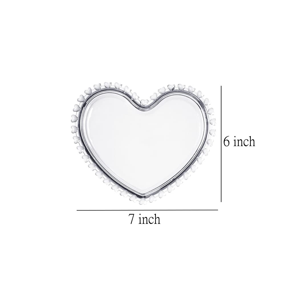 Clear Glass Dessert Plates with Heart Trim, Heart Shaped Glass Snack Tray Fruit Plate, 7-Inch 2pcs