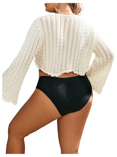 Women's Plus Size V Neck Long Flounce Sleeve Tie Front Knit Crop Cardigan