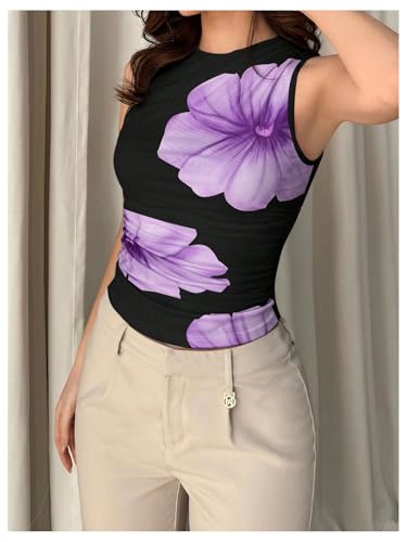 Women's Flower Print Mesh Top Sleeveless Mock Neck Ruched Tank Tops