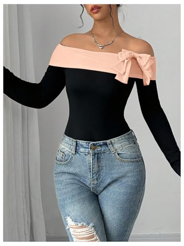 Women's Colorblock Bow Tie Off Shoulder Long Sleeve Bodysuit Elegant Tops