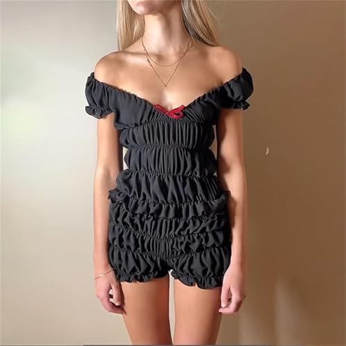 Women's Sexy Ruffle 2 Piece Sets Short Sleeve Bow Tie Front Crop Tops and Smocked Ruched Shorts Loungewear