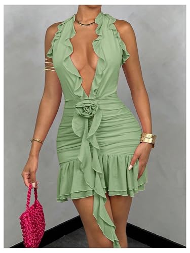 Women's 3D Floral Ruffle Mesh Halter Sleeveless Tie Backless Ruched Bodycon Mini Dress