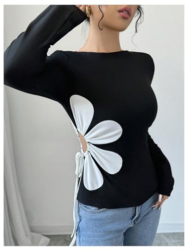 Women's Floral Pattern Hollow Out Tie Side T Shirts Crew Neck Long Sleeve Tee Tops