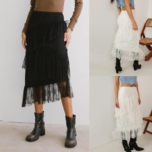Lace Maxi Skirt High Waist Ruffle A-Line Flare Long Skirt