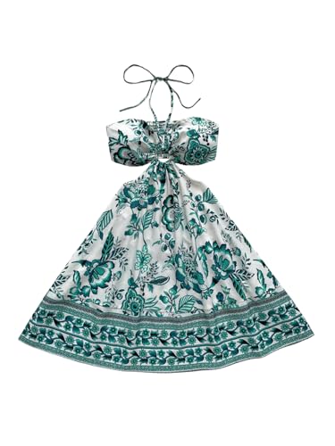 Women's Floral Halter Neck Vacation Dress Sleeveless Cut Out Boho Cami Dress