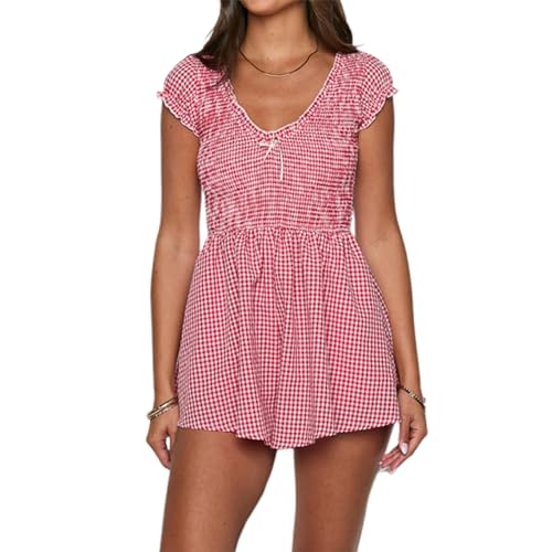 Women's Gingham Mini Dress Short Sleeve Bow Deep V Neck Smocked Waist Slim Fit Retro Plaid Dresses Y2k Sundress