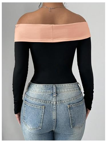 Women's Colorblock Bow Tie Off Shoulder Long Sleeve Bodysuit Elegant Tops