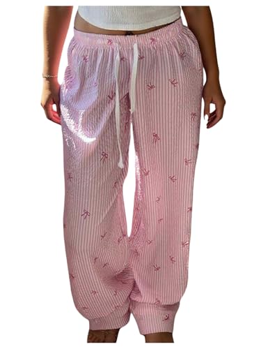 Women's Plus Size Striped Bow Print Pants Drawstring Waist Wide Leg Pants