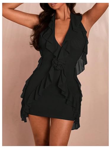 Women's 3D Floral Ruffle Trim Bodycon Mini Dresses Halter V Neck Sleeveless Cocktail Party Dresses