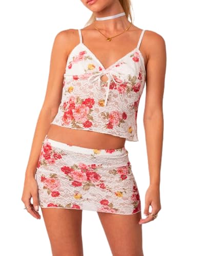 Women Y2K Lace 2 Piece Skirt Set Floral Lace Fitted Crop Cami Top See Through Low Waist Skirt Outfit Streetwear