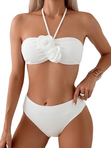 Women's 2 Piece Halter Swimsuit 3D Flower Appliques Bandeau Tummy Control Bikini Set
