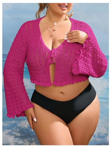 Women's Plus Size V Neck Long Flounce Sleeve Tie Front Knit Crop Cardigan