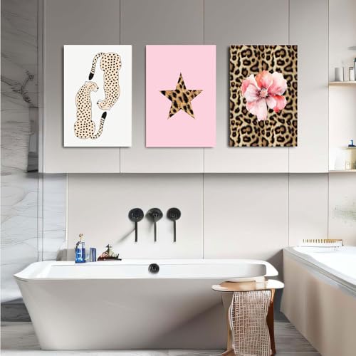 Pink Set of 3 Leopard Wall Art Prints Trendy Girly Cheetah Print Poster for Home Decor 16X24 in Unframed