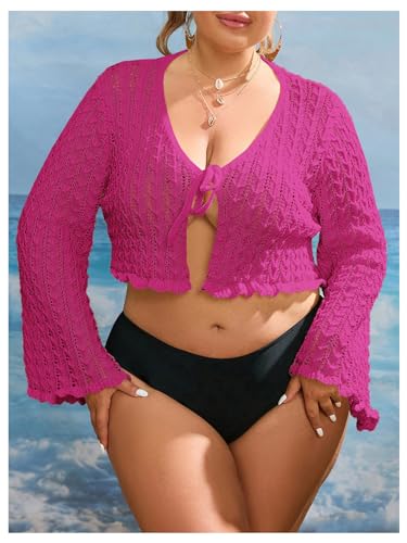 Women's Plus Size V Neck Long Flounce Sleeve Tie Front Knit Crop Cardigan