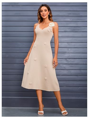 Women's 3D Flower Backless Sweater Dress Sleeveless Slim Fit Flared Hem Midi Dresses