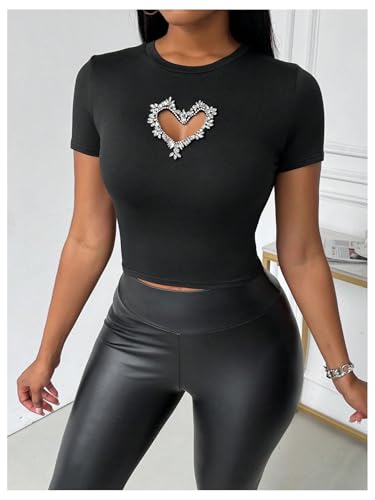 Women's Heart Rhinestone Cut Out Tee Shirts Casual Slim Fit Rib Knit Tops