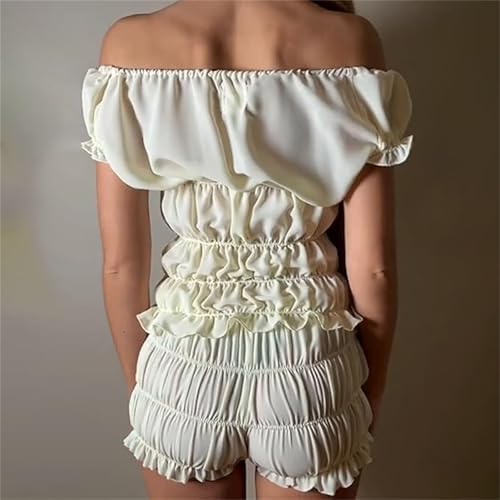 Women's Sexy Ruffle 2 Piece Sets Short Sleeve Bow Tie Front Crop Tops and Smocked Ruched Shorts Loungewear