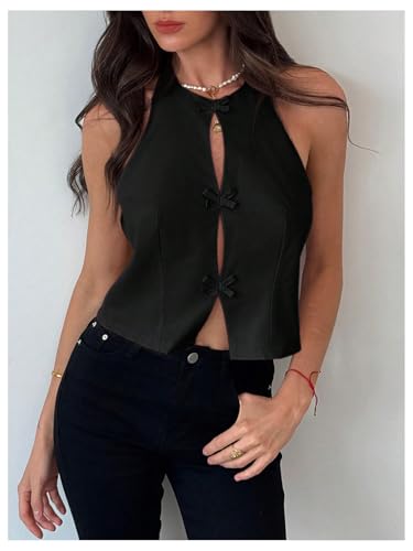 Women's Bow Knot Backless Halter Top Y2k Cut Out Split Hem Sleeveless Tops