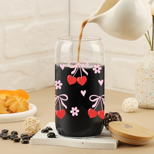 Cherry Bow Cup, Birthday Gifts for Women, Girly Gifts for Her, Sister, Mom, Colleague - 16 OZ Glass Tumbler with Straw & Lid, Coquette Iced Cup