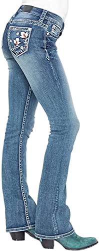 Women Bootcut Jeans, Stretchy Feather Flower Embroidery Mid Rise Slim Straight Leg Pants Jeans