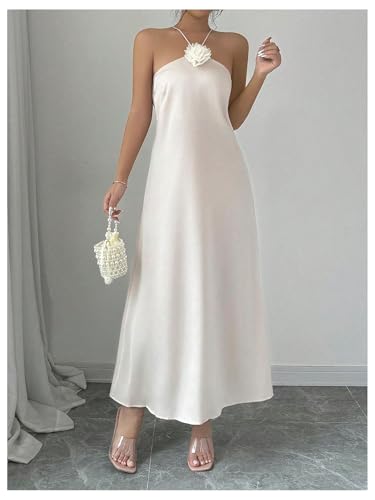 Women's 3D Floral Halter Dress Criss Cross Backless Sleeveless Maxi Dresses