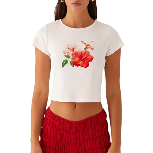Women Hawaii Baby Tees Y2K Short Sleeve Crewneck Aesthetic Graphic Slim Fit Crop Tops