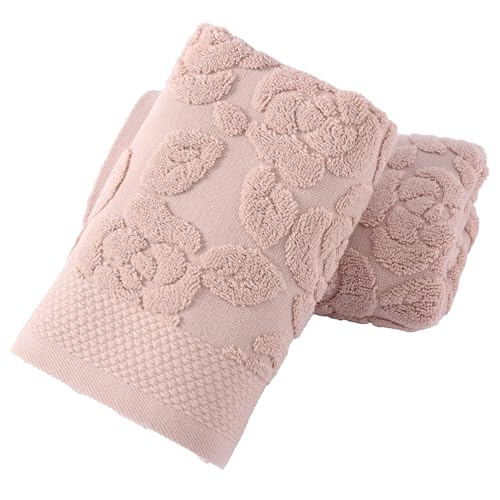 Rose Hand Towel Set of 2 Super Soft 100% Cotton Embossed Floral Pattern Highly Absorbent Decorative Bath Hand Towels for Bathroom 13x 29 Inch