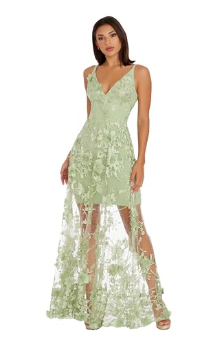 Women's Embellished Plunging Gown Sleeveless Floral Long Dress
