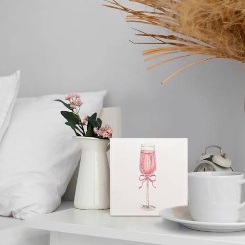 Coquette Pink Bow Champagne Wooden Box Sign, 5x5 Inch