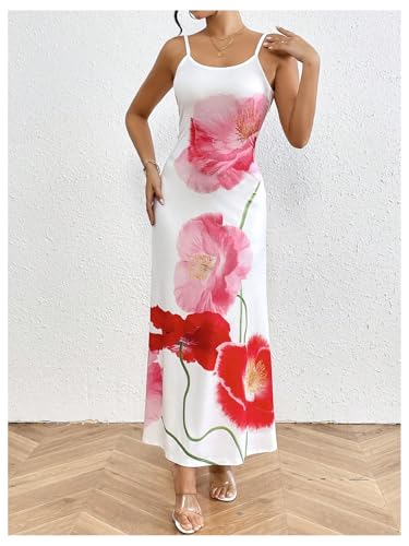 Women's Floral Print Backless Maxi Dress Scoop Neck Sleeveless Spaghetti Strap Dresses