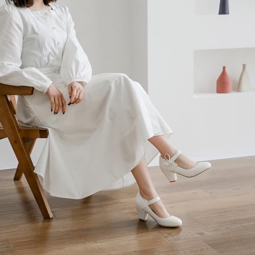 Women's Bow Mary Jane Dress Pumps Shoes Chunky Block High Heels Round Toe Shoes