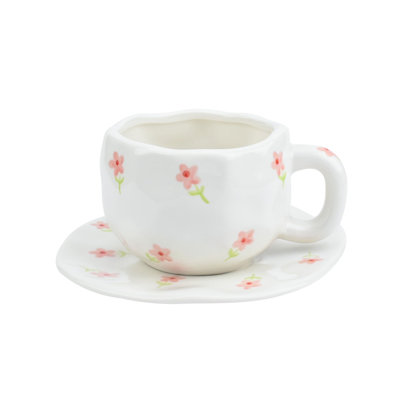 Ceramic Coffee Mug with Saucer Set, Cute Creative Cup Unique Irregular Design, 10 oz/300 ml