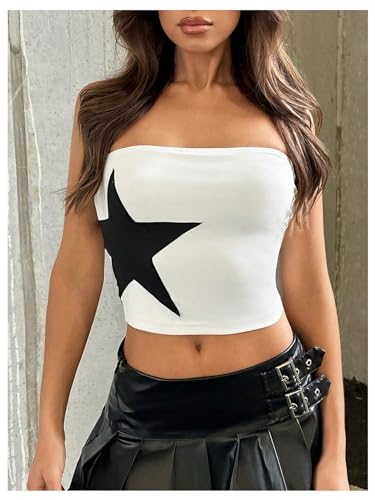 Floerns Women's Sleeveless Strapless Bandeau Star Print Color Block Cropped Tube Tops