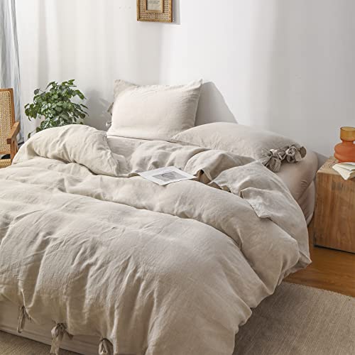 The 100% Linen Duvet Cover Set, 3 Pieces Belgian Flax Breathable Bedding,(1 Comforter Cover+2 Pillowshams) with Tie Closure Style