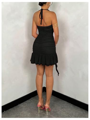 Women's 3D Floral Ruffle Mesh Halter Sleeveless Tie Backless Ruched Bodycon Mini Dress