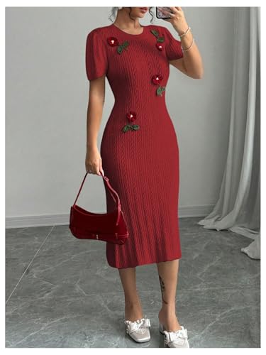 Women's 3D Flower Sweater Dress Crochet Short Sleeve Bodycon Mini Dresses