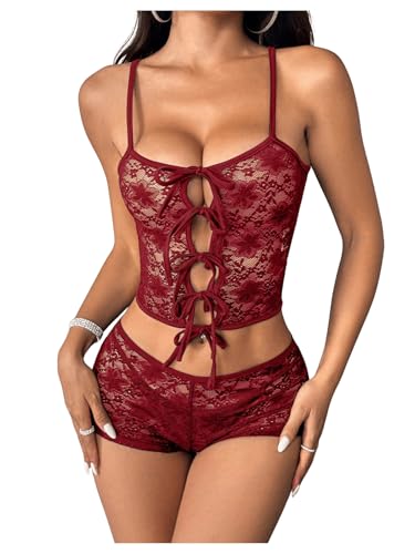 Women's Floral Lace 2 Piece Outfits Tie Front Crop Cami Top with Mini Shorts