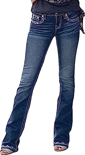 Women Bootcut Jeans, Stretchy Feather Flower Embroidery Mid Rise Slim Straight Leg Pants Jeans