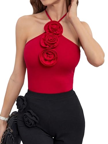 Women's Floral 3D Flower Cami Halter Top Sexy Backless Sleeveless Camisole