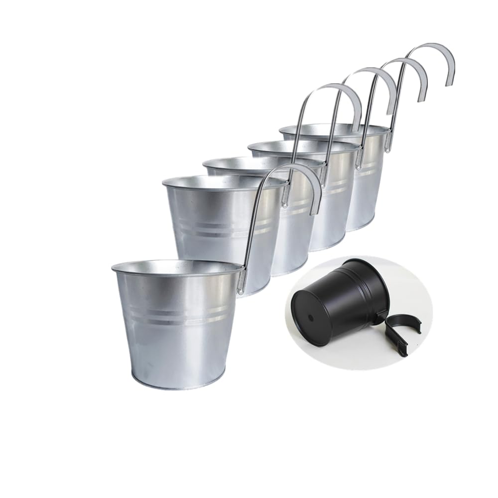 Hanging Flower Pots for Outdoor Indoor Plants with Removable Hooks -5 Pack Metal Buckets Plant Pots Wall Fence Home Decor-Storage Box,Drainage Holes -5''Diameter