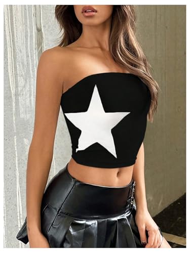 Floerns Women's Sleeveless Strapless Bandeau Star Print Color Block Cropped Tube Tops