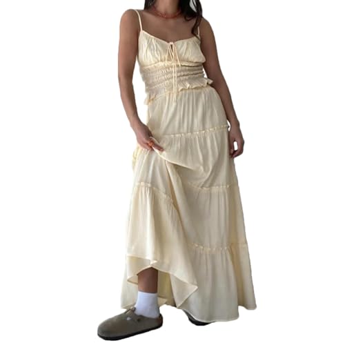 Women 2 Piece Outfits Y2k Sleeveless Lace Trim Cami Tops and Ruffle Ruched Maxi Skirt Matching Set