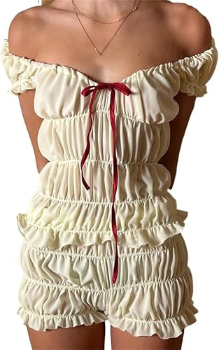 Women's Sexy Ruffle 2 Piece Sets Short Sleeve Bow Tie Front Crop Tops and Smocked Ruched Shorts Loungewear